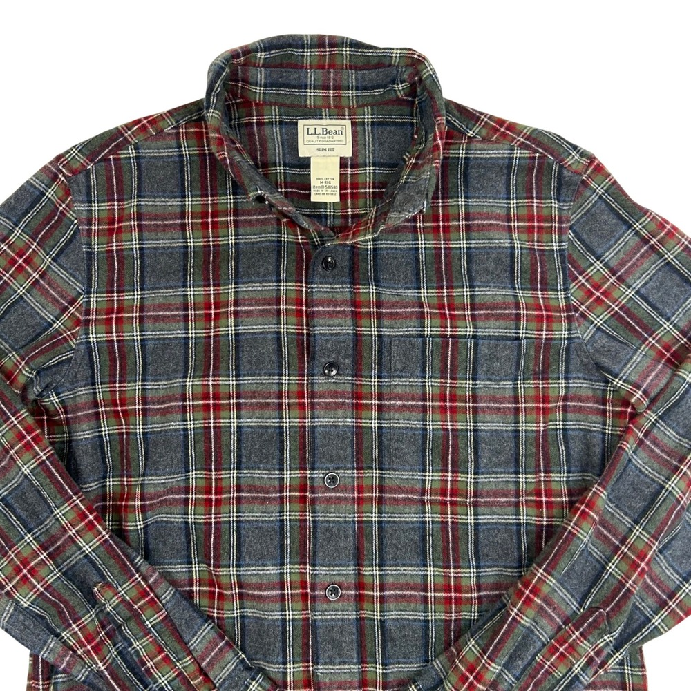LL‎ Bean Mens Slim Fit Flannel Shirt Gray Red Green Plaid Cotton M 510590